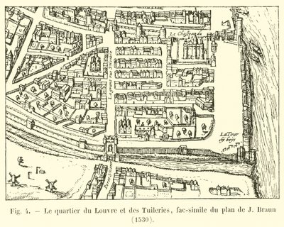 De wijk van het Louvre en de Tuilerieën, facsimile van het plan van J Braun, 1530 door French School