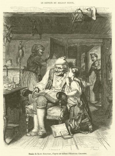 De terugkeer van de Zwitserse soldaat (gravure) door French School