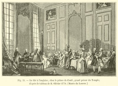 Thee op Engelse wijze, bij de prins van Conti, grootprior van de Tempel; naar het schilderij van B Olivier 1770, Louvre Museum door French School