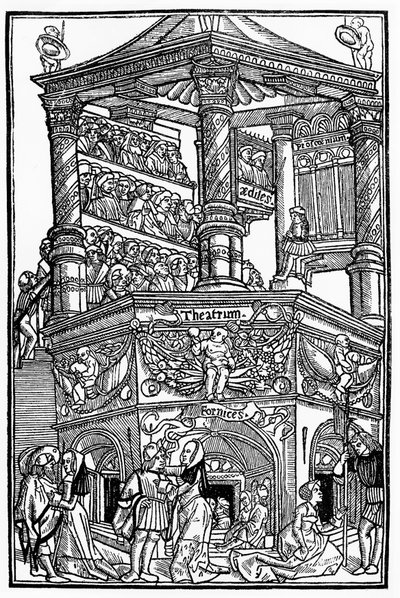 Het theater in de Middeleeuwen: uitzicht op een theater en het publiek - door Terentius van Jean Trechsel, ed. in Lyon door French School