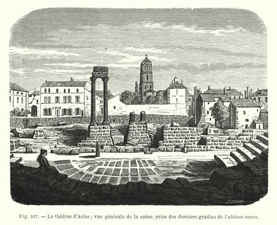 Het theater van Arles; algemeen zicht op het podium, genomen vanaf de laatste rijen van de ultima cavea door French School