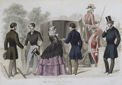 Vertrek voor een rit in een koets, illustratie uit Le Journal des Tailleurs, 1856 door French School
