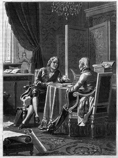 Lezing tussen de Graaf van Saint Julien (Saint-Julien), vertegenwoordiger van Oostenrijk, en Charles Maurice van Talleyrand Perigord (Talleyrand-Perigord) door French School