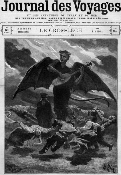 Legende van Bessarabië (Oost-Europa): Crom Lech (Crom-Lech). Satan, spelend op de balalaika, leidt dansers in een eindeloze ronde. Gravure in 