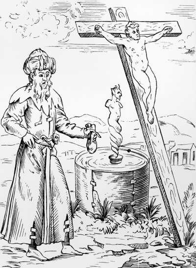 Legende van de Jood die de duivel oproept uit een vat bloed, naar een houtsnede in Histoires Prodigieux door Pierre Boaistuau, gepubliceerd 1560 door French School
