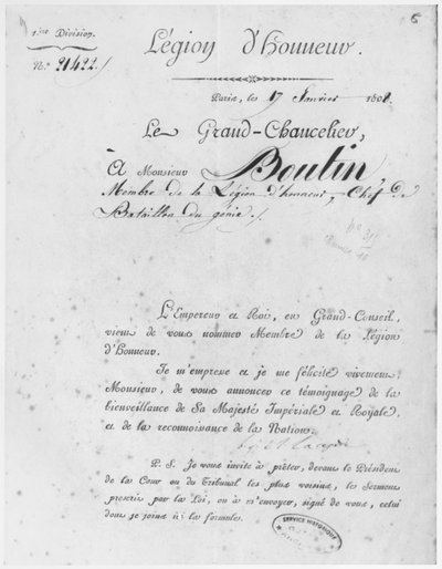 Legioen van Eer gegeven aan Kolonel du Genie Boutin, 17 januari 1808 door French School