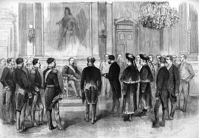 Keizer Napoleon III (1808-1873) ontvangt de Chinese ambassadeurs en hun tolken in de salon van de Tuilerieën in Parijs door French School