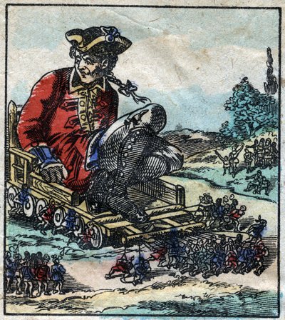 Lemuel Gulliver, een gevangene wordt vervoerd op een kar getrokken door de Lilliputters. Illustratie voor 