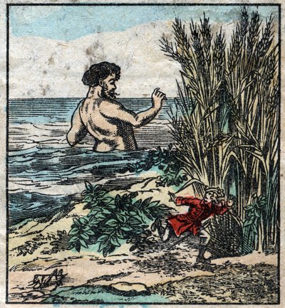 Lemuel Gulliver verstopt zich voor een reus in Brobdingnag. Illustratie voor "Gulliver
