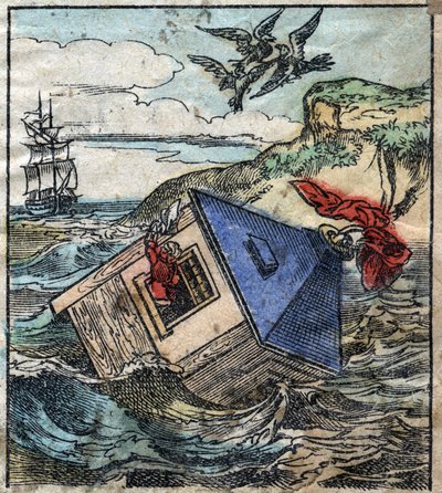 Lemuel Gulliver is in zijn huis in het land van de reuzen van Brobdingnag. Illustratie voor 