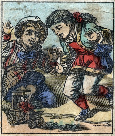 Lemuel Gulliver wordt gebruikt als speelgoed door de reuzenkinderen van Brobdingnag. Illustratie voor Gulliver