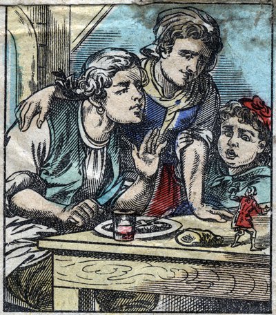 Lemuel Gulliver op de tafel van de familie Glumdalclitch, in het land van de reuzen van Brobdingnag. Illustratie voor "Gulliver