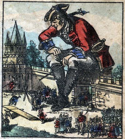Lemuel Gulliver zittend op de vestingmuur van de stad legt de strategie uit aan het Lilliputiaanse leger. Illustratie voor "Gulliver