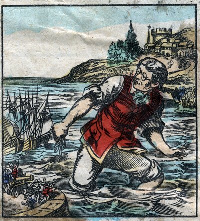 Lemuel Gulliver vuurde de schepen van het Blefuscu-leger naar de hoofdstadshaven van Lilliput. Illustratie voor "Gulliver