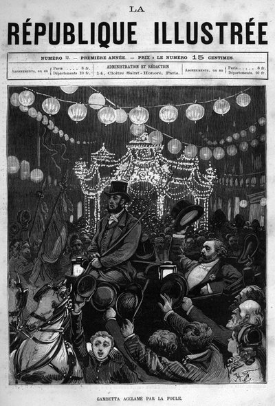 Léon Gambetta (1838-1882) begroet het standbeeld op de Place de la République in Parijs. Een krant. Gravure uit 1880 in 