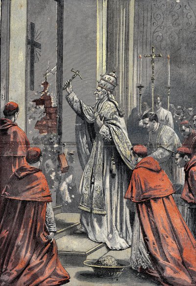 Leon XIII opent de deur van het jubileum in de Sint-Pieter van het Vaticaan op 24 december 1899. Gravure in Le Pelerin 31/12/1899 door French School
