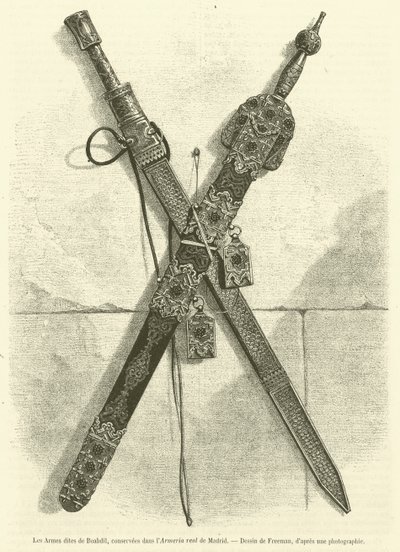 De wapens van Boabdil, bewaard in de Koninklijke Wapenrustkamer van Madrid (gravure) door French School