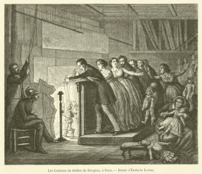 De coulissen van het Seraphin-theater, in Parijs door French School