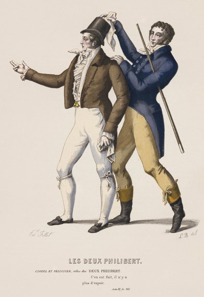Les Deux Philibert, Act III, Sc VIII (gekleurde gravure) door French School