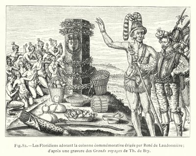 De Floridianen aanbidden de herdenkingszuil opgericht door René de Laudonnière; naar een gravure uit de Grote reizen van Th de Bry (gravure) door French School