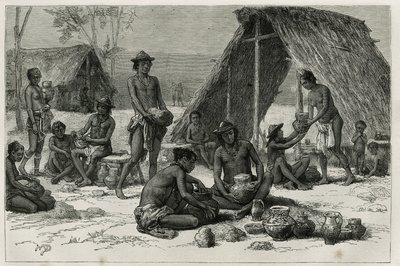 Les Indiens Galibis (of Kalinas) maken aardewerk, gravure door D.Maillart, ter illustratie van de ontdekkingsreis in het binnenland van Guyana door Dr. Jules Crevaux, arts van de Franse marine, in 1876-1877, gepubliceerd in le tour du monde, onder leiding  door French School