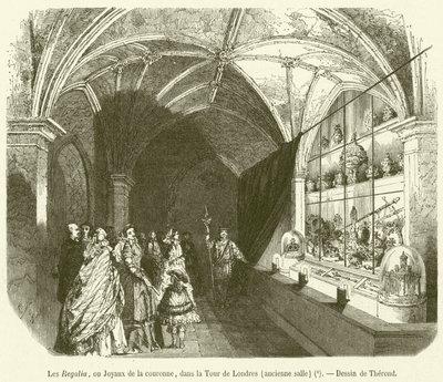 De Regalia, of Kroonjuwelen, in de Tower of London, oude zaal door French School