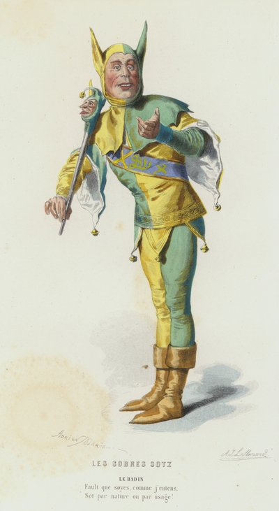 Les Sobres Sotz (gekleurde gravure) door French School