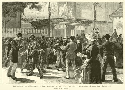 De omgeving van de tentoonstelling, de kaartverkopers bij de Tourville-poort, Palais des Machines, tekening van M Guilliod door French School