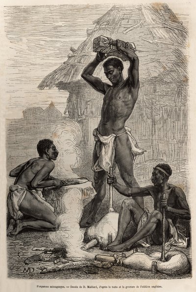 De smeden van Mannganyas, in een dorp langs de Loualaba-rivier (huidige Congo-rivier), gravure naar een tekening van D.Maillard, ter illustratie van David Livingstone