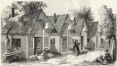 Les chalets de la Salpetriere voor de rusteloze gekken - Gravure in 