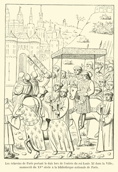De schepenen van Parijs dragen het baldakijn bij de intocht van koning Lodewijk XI in de stad; manuscript uit de 15e eeuw in de nationale bibliotheek van Parijs door French School