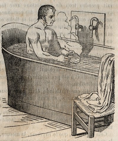 De gebaren van het bad - Hygiëne in de 19e eeuw - man in een badkuip - gravure in 
