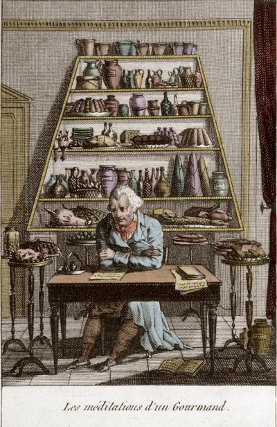 De overpeinzingen van een fijnproever - gravure in "Almanach des gourmands, dienend als gids in manieren om uitstekend wild te maken. Door een oude amateur" door Alexandre Balthazar Laurent Grimod de la Reyniere - 1804-1812 door French School
