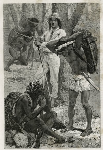 Les porters (caucheros), in Darien (regio van oostelijk Panama), gravure naar een tekening van D.Maillart, ter illustratie van het verhaal Exploration at the isthms of Panama and Darien, door A. Reclus, luitenant van schip, van 1876 tot 1878, gepubliceerd  door French School