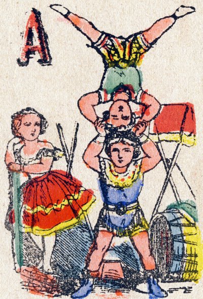 Letter A Acrobaten. Gravure in "Alphabet des jeux". Mr. Vagne, redacteur, Pont-a-Mousson, eind 19e eeuw. Roze serie. 12 pagina