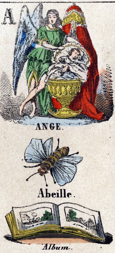 Letter A zoals Engel, Bij en Album. Een beschermengel bij een kind dat in een wieg slaapt. Kleine encyclopedische alfabet. Beeld van Epinal, circa 1860 door French School