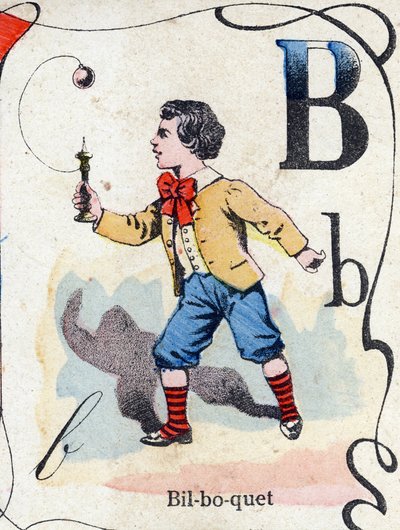 Letter B: Bilboquet. Gravure in "ABC des joux pour petits boys". Beeldvorming van Pont-a-Mousson, Louis Vagne, drukker-uitgever, eind 19e eeuw. Afm: 32,5x25 cm door French School