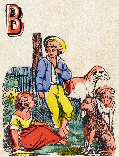 Letter B Herders. Gravure in "Alphabet des jeux". Mr. Vagne, redacteur, Pont-a-Mousson, eind 19e eeuw. Roze serie. 12 pagina