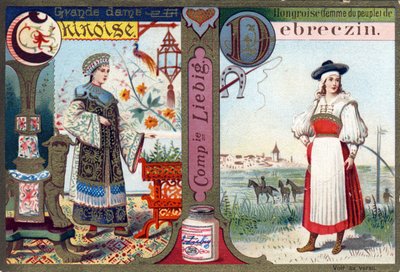 Letter C als Grote Chinese Dame en D als Hongaarse door Debreczin. Vrouwenalfabet. Serie van 12 afbeeldingen. Liebig reclame door French School