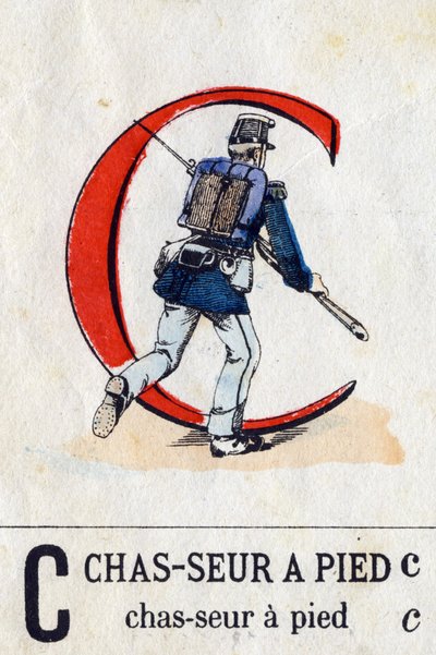 Letter C als een Voet Jager. Militair alfabet (ABC of abecedarium). Beeldvorming van Epinal, circa 1870-1880. Stencil-gekleurde houtsneden. Privécollectie. door French School