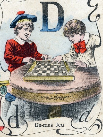 Letter D: Dammen. Gravure in "ABC des joux pour petits boys". Beeldvorming van Pont-a-Mousson, Louis Vagne, drukker-uitgever, eind 19e eeuw. Afm: 32,5x25 cm door French School