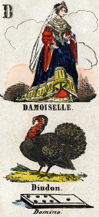 Letter D zoals damoiselle, kalkoen en domino. Kleine encyclopedische alfabet. Beeld van Epinal, circa 1860 door French School