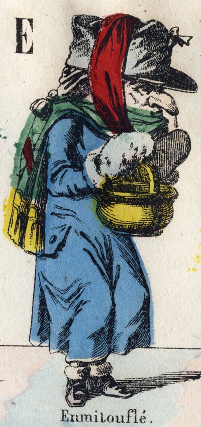 Letter E: Wikkel (Wikkel van bont en stoffen om warm te blijven). Gravure in "Comic Alphabet". Nieuwe Epinal beeld. Lithografie Pinot et Sagaire, uitgevers, tussen 1860 en 1888 door French School