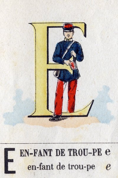 Letter E als een troep kind. Militair alfabet. Beeldvorming van Epinal, circa 1870-1880. Stencil-gekleurde houtsneden. door French School