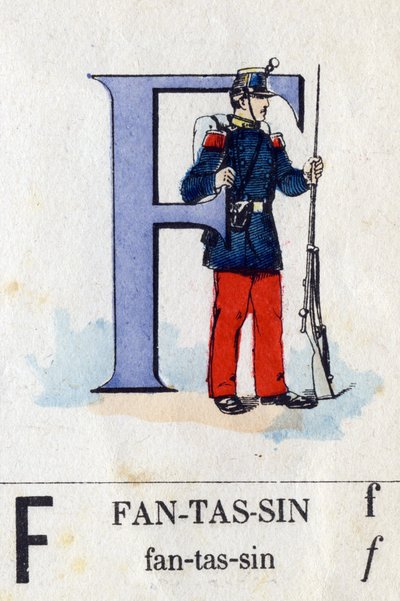 Letter F als infanterist. Militair alfabet. Beeldvorming van Epinal, circa 1870-1880. Stencil-gekleurde houtsneden door French School
