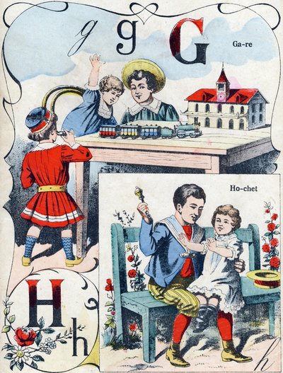 Letter G H: station en rammelaar. Gravure in "ABC des joux pour petits boys". Beeldvorming van Pont-a-Mousson, Louis Vagne, drukker-uitgever, eind 19e eeuw. Afm: 32,5x25 cm door French School