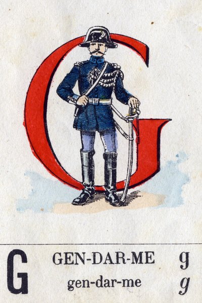 Letter G als Gendarme. Militair alfabet. Beeldvorming van Epinal, circa 1870-1880. Stencil-gekleurde houtsneden. door French School