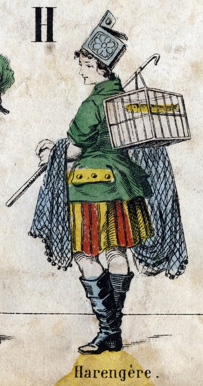 Letter H: Haring. Gravure in "Alfabet maskerades". Nieuwe Epinal beeldvorming. Druk-lithografie Pinot et Sagaire, uitgevers, Epinal, tweede helft van de 19e eeuw. Plaat Nr 491 met 25 verlichte letters. Afm: 40,5x28cm door French School