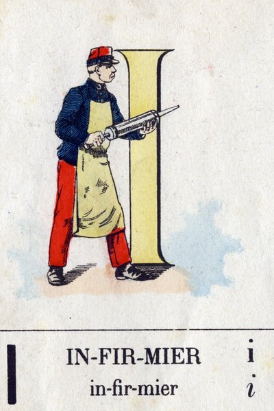 Letter I als verpleegster. Militair alfabet. Beeld van Epinal, circa 1870-1880. Gekleurde houtsneden door French School