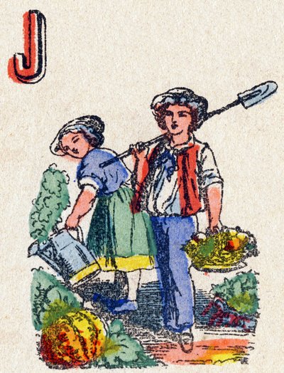 Letter J Tuiniers. Gravure in "Alphabet des jeux". Mr. Vagne, redacteur, Pont-a-Mousson, eind 19e eeuw. Roze serie. 12 pagina